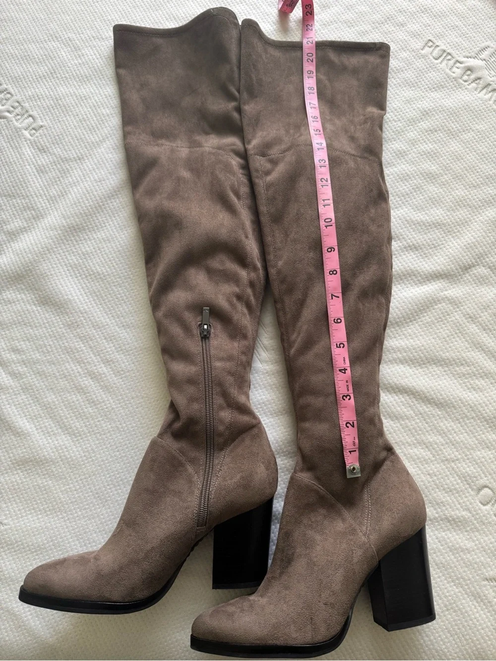 Marc Fisher Thigh High Suede Block Heel Boots in Taupe